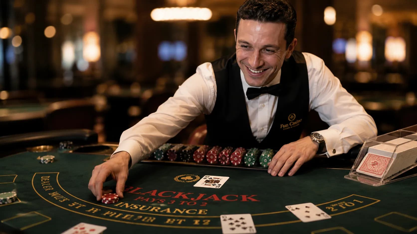 Croupier professionista Fun Casinò al tavolo da blackjack durante un evento