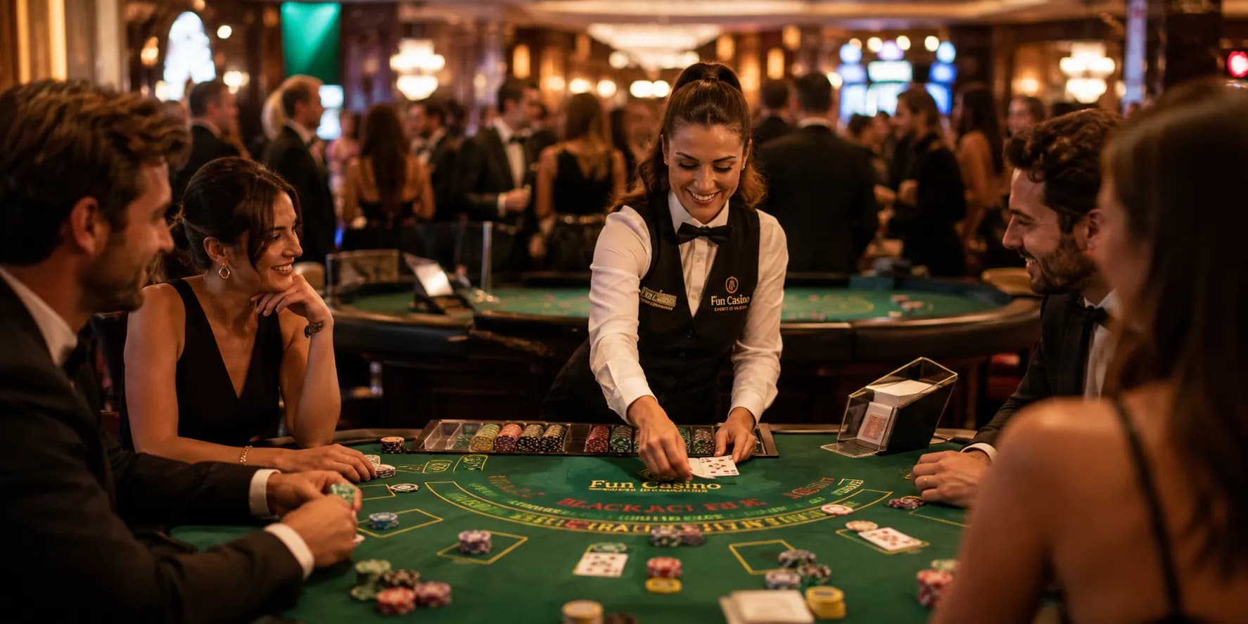 Ospiti e croupier intorno a un tavolo da blackjack durante un evento Fun Casinò
