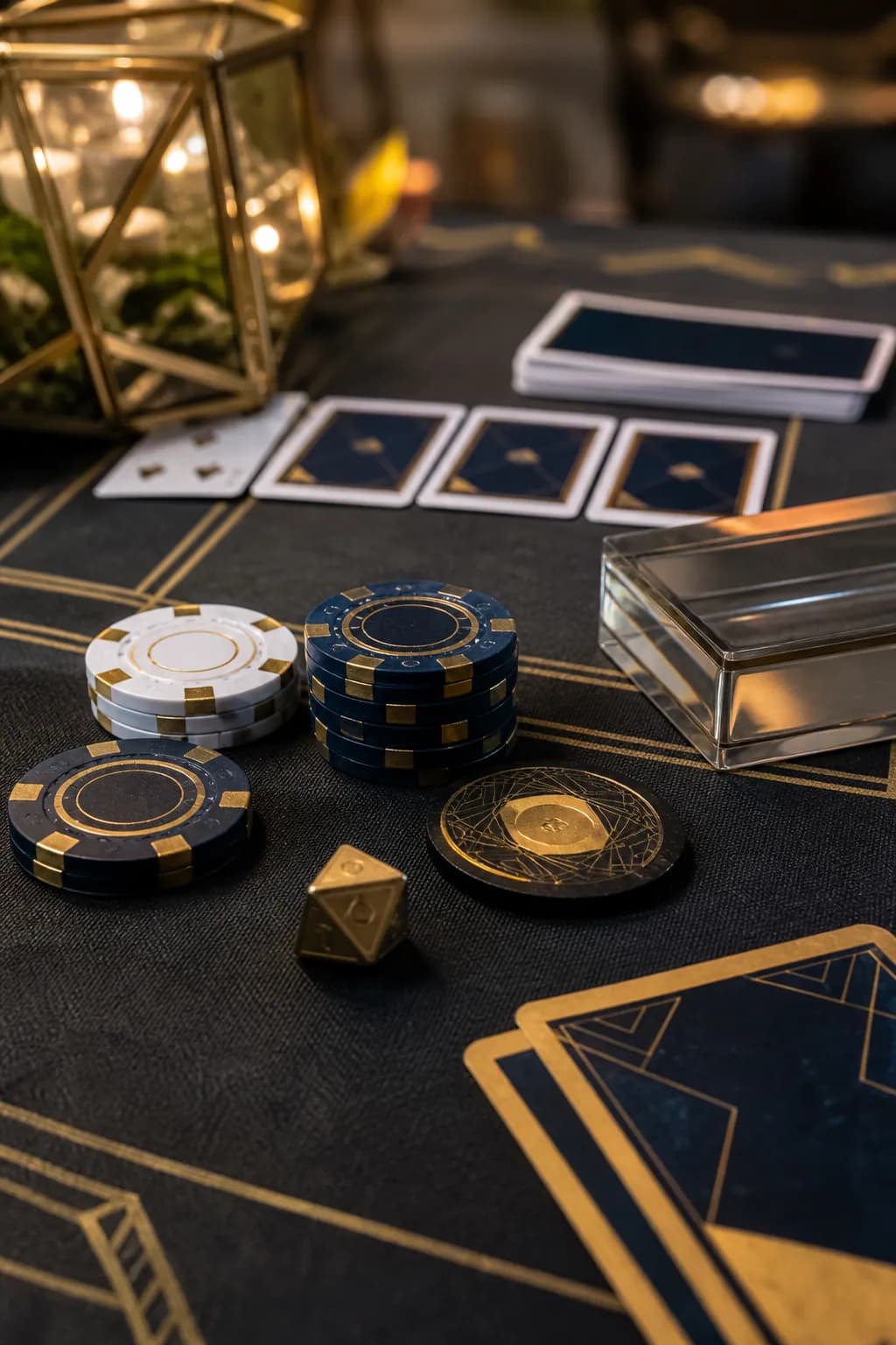 Dettaglio di fiches, carte e feltro su un tavolo da gioco Fun Casinò