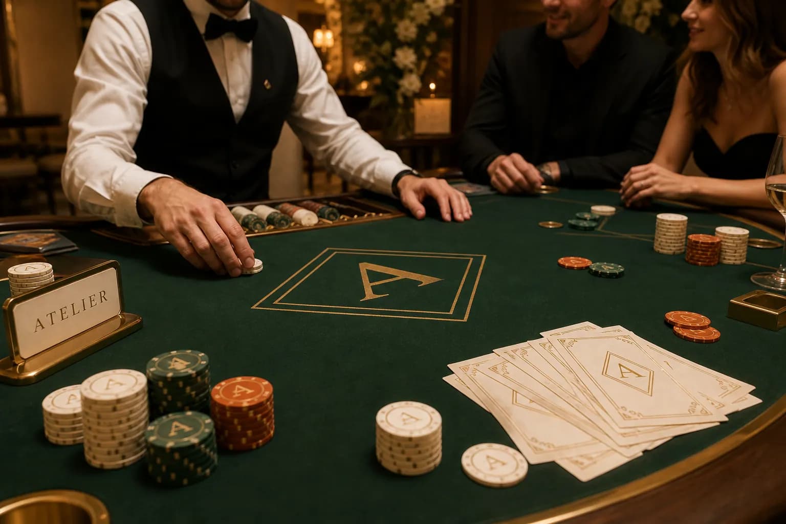 Tavolo da gioco Fun Casinò con feltro brandizzato, fiches personalizzate e grafiche dell’evento