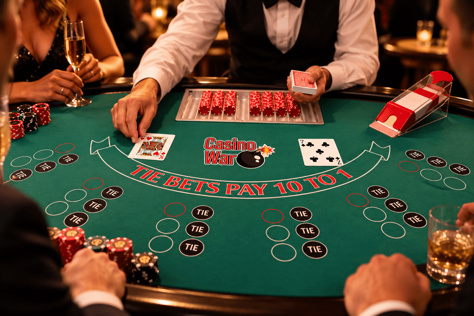 Croupier e ospiti al tavolo Casino War con carte sul feltro