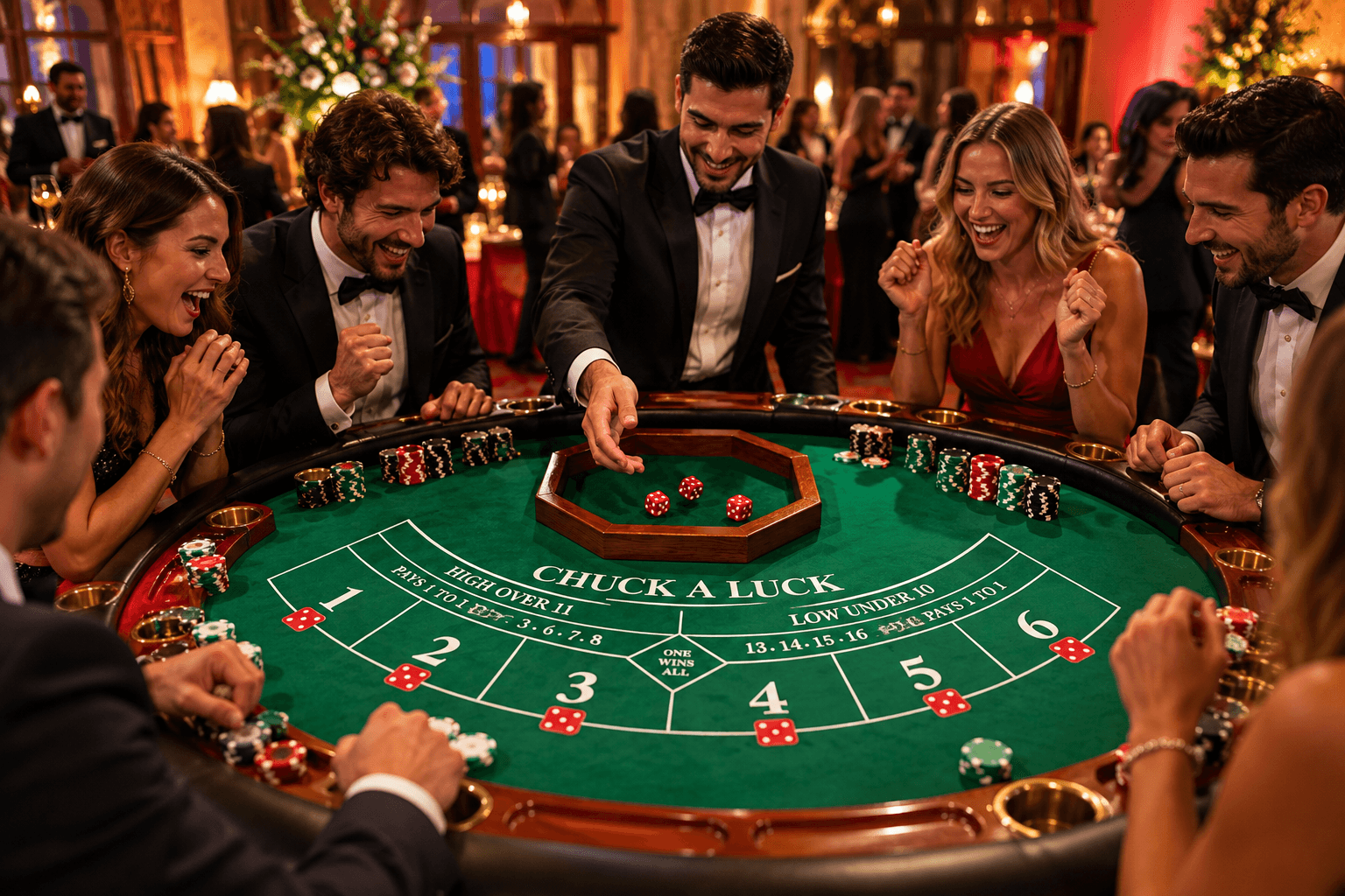 Ospiti intorno al tavolo Chuck-a-Luck durante un evento Fun Casinò