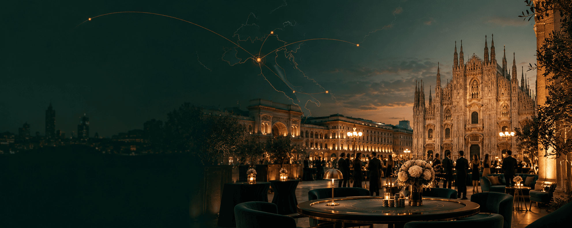 Illustrazione editoriale di un evento Fun Casinò a Milano, con il Duomo e un tavolo da gioco