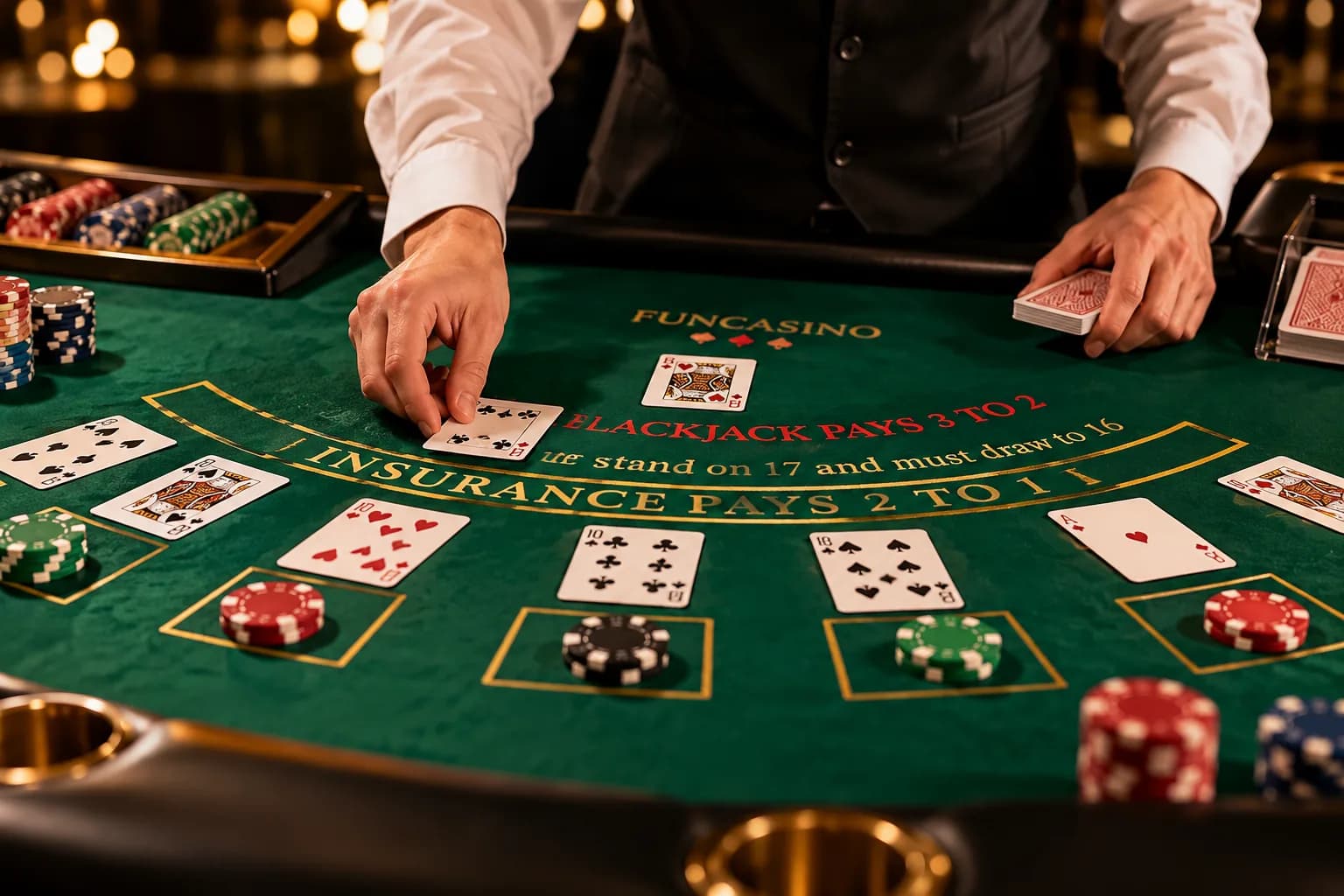 Ospiti e croupier Fun Casinò intorno a un tavolo da blackjack