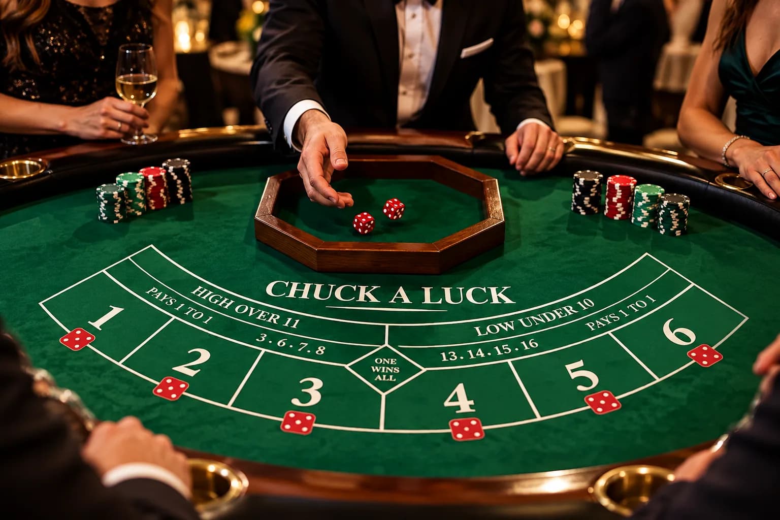 Croupier Fun Casinò al tavolo con carte, dadi e fiches