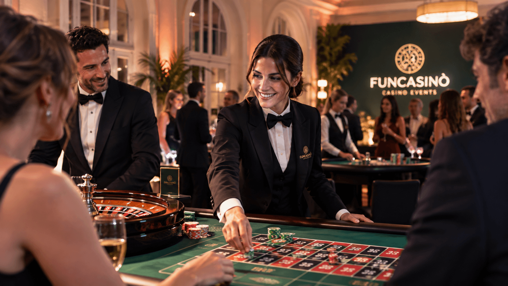 Croupier Fun Casinò al tavolo da roulette, in relazione con gli ospiti durante un evento
