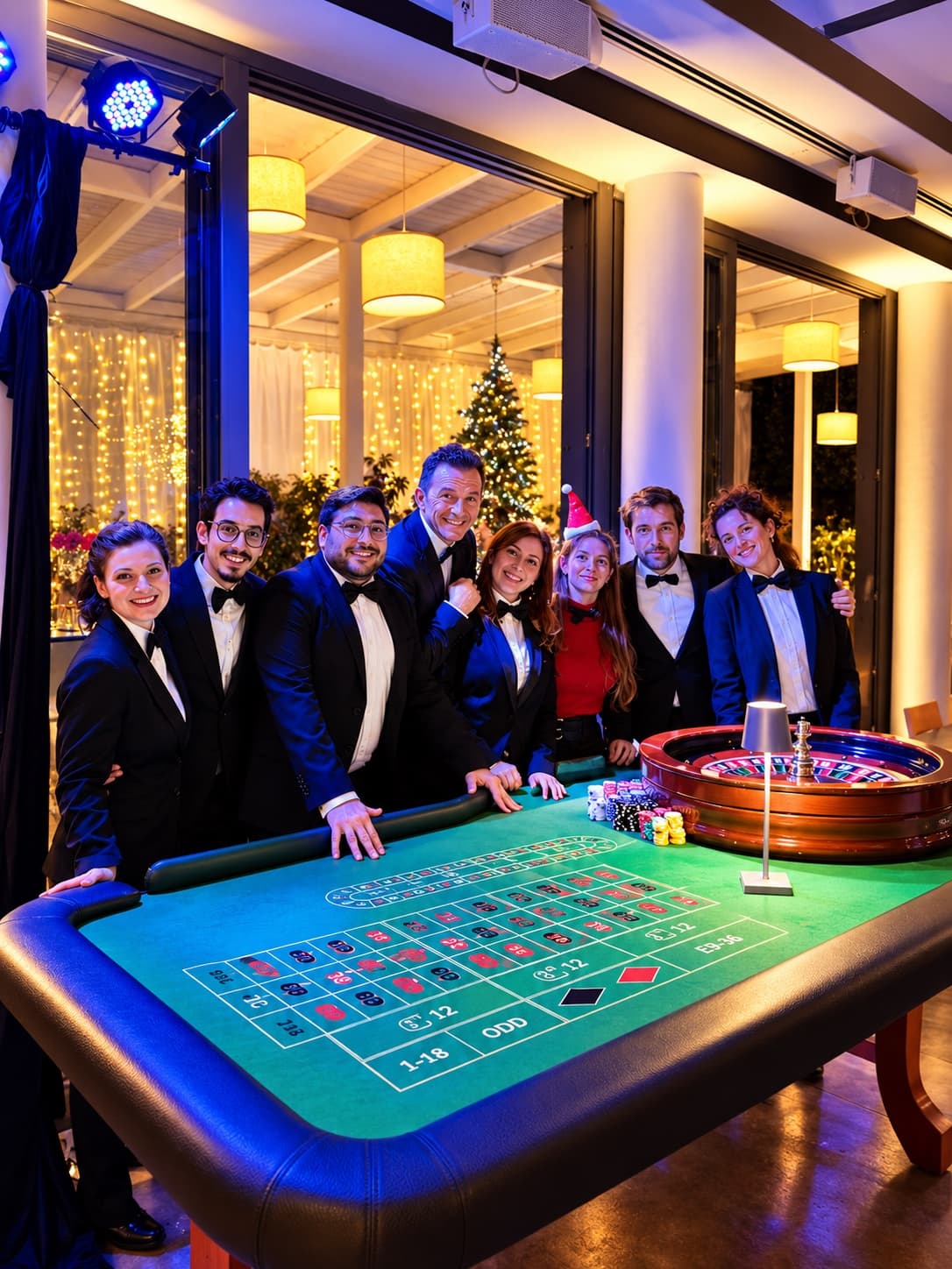 Croupier Fun Casinò in smoking intorno a un tavolo da roulette
