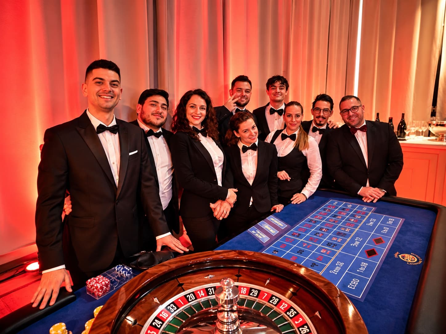 Squadra Fun Casinò in smoking e gilet intorno a un tavolo da roulette