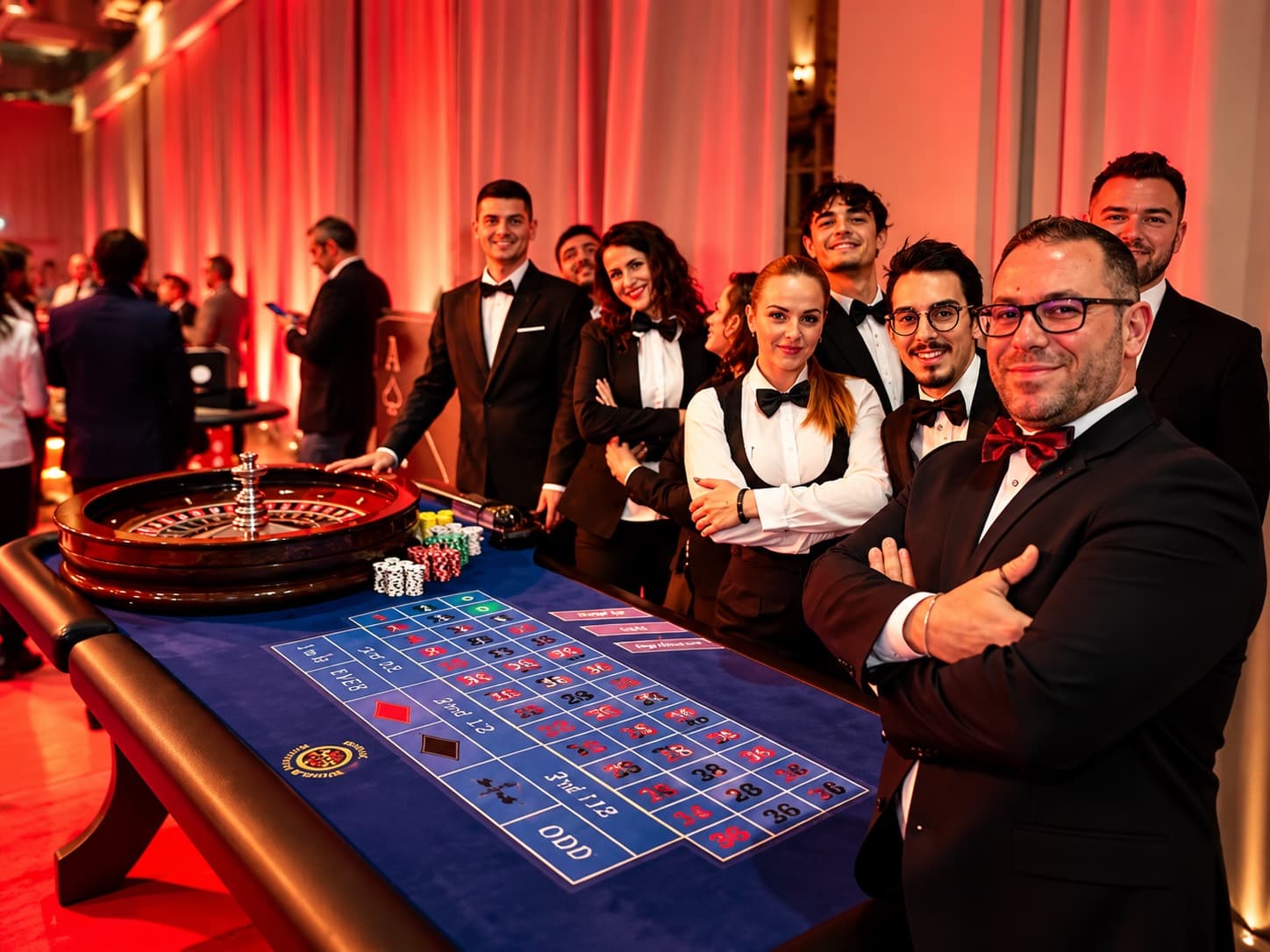 Croupier Fun Casinò in smoking intorno a un tavolo da roulette, con gli ospiti in sala