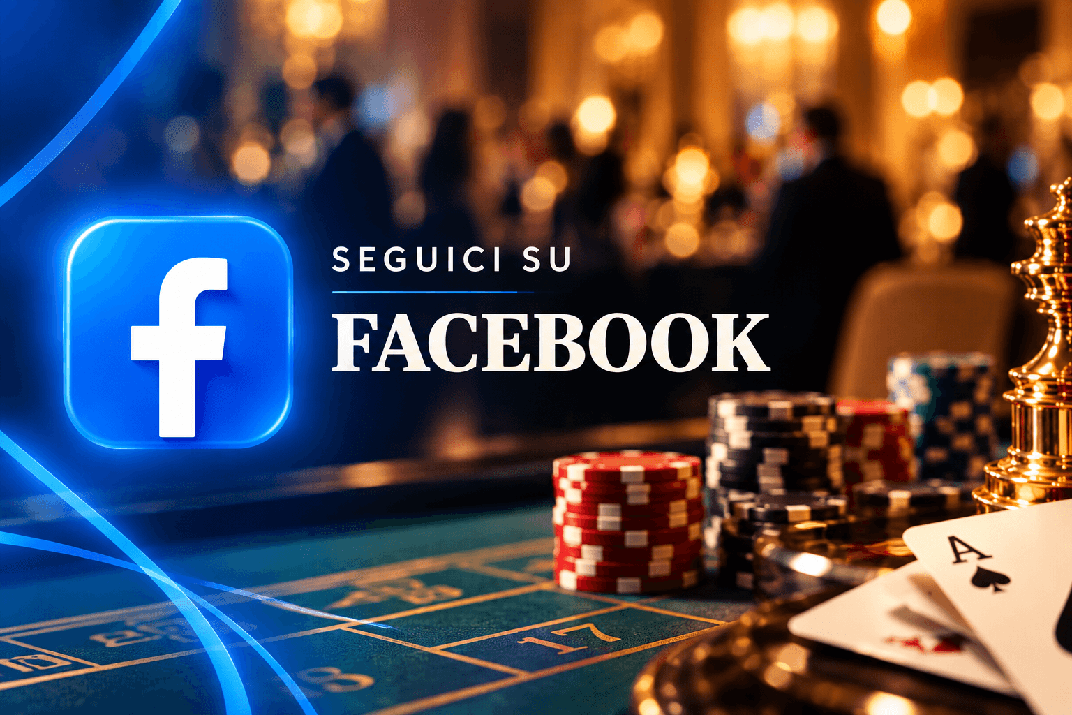 Tavolo da gioco e logo Facebook con la scritta Seguici su Facebook