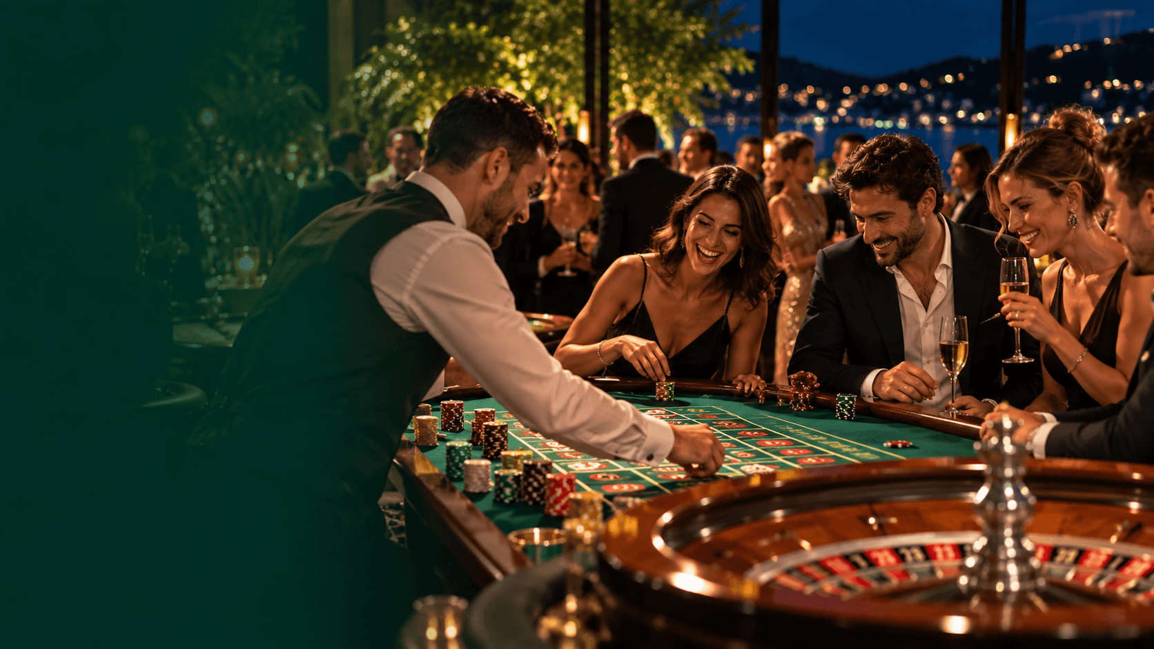 Roulette notturna con ospiti e croupier intorno al tavolo