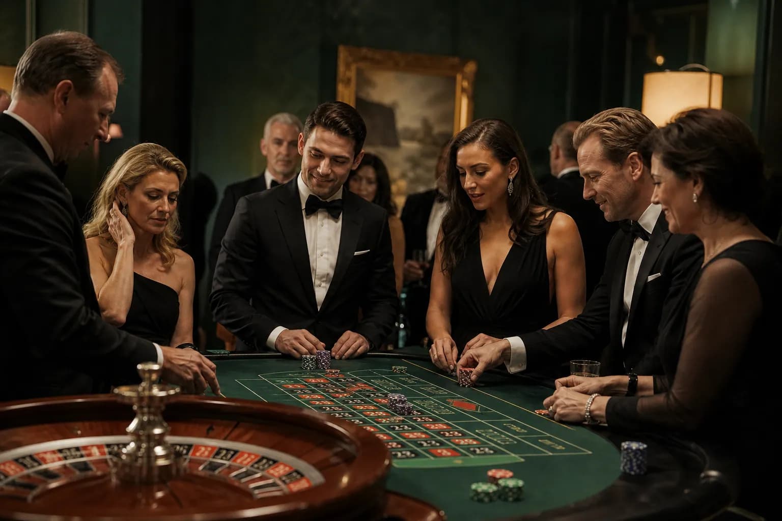 Ospiti in abito da sera intorno a un tavolo da roulette in una location elegante