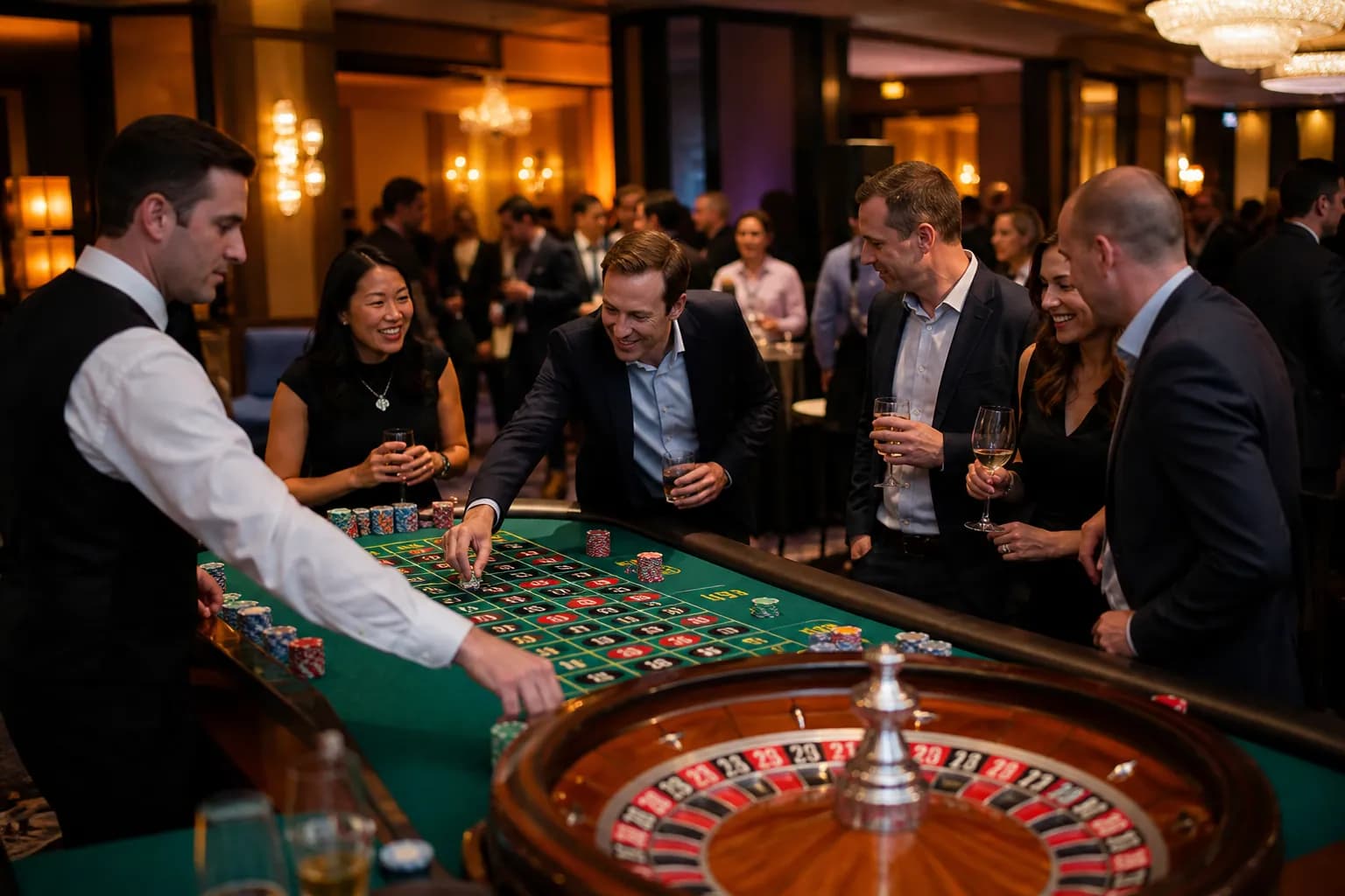 Ospiti raccolti intorno a un tavolo da roulette con croupier durante un evento aziendale