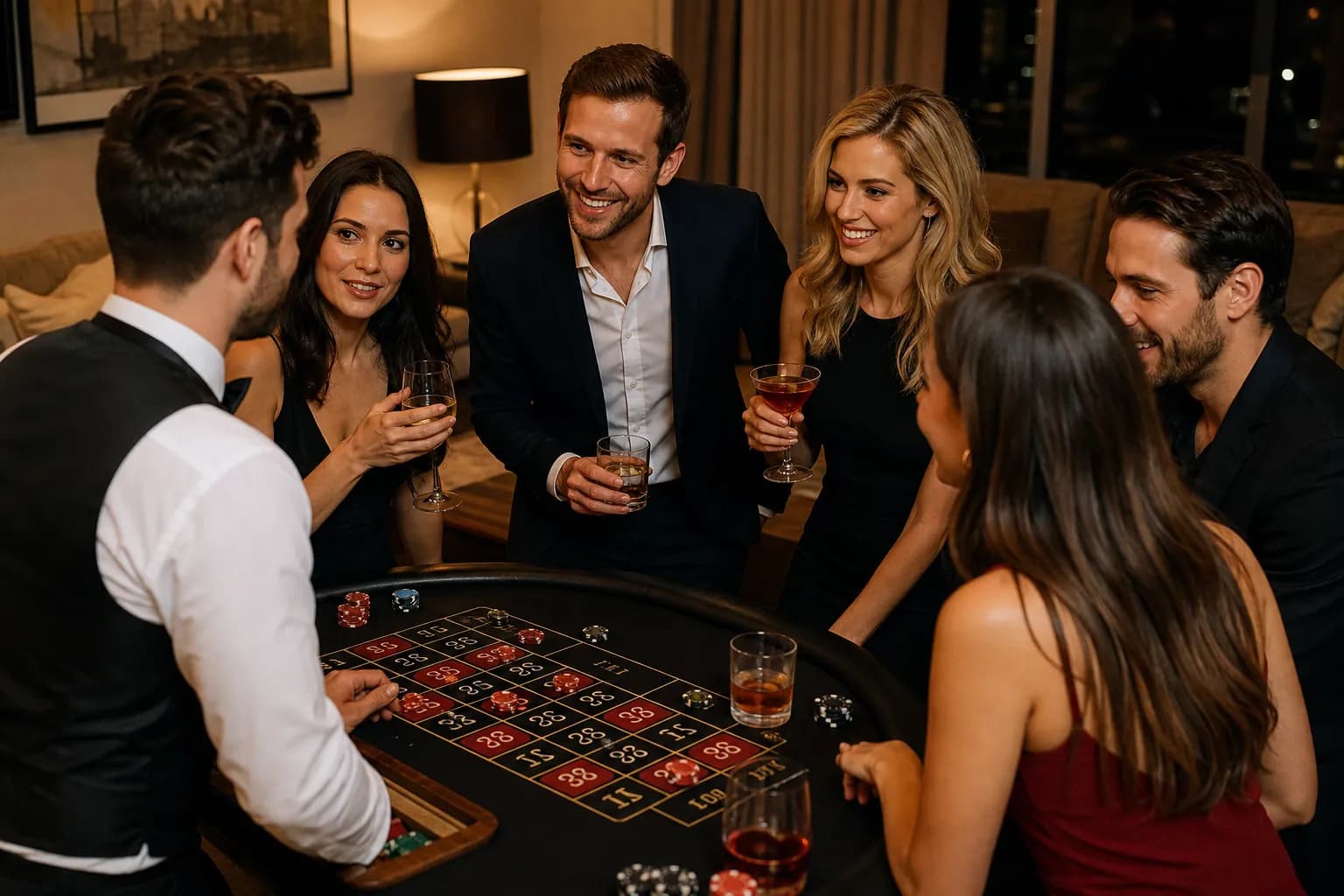 Ospiti e croupier intorno a un tavolo da gioco durante un evento Fun Casinò
