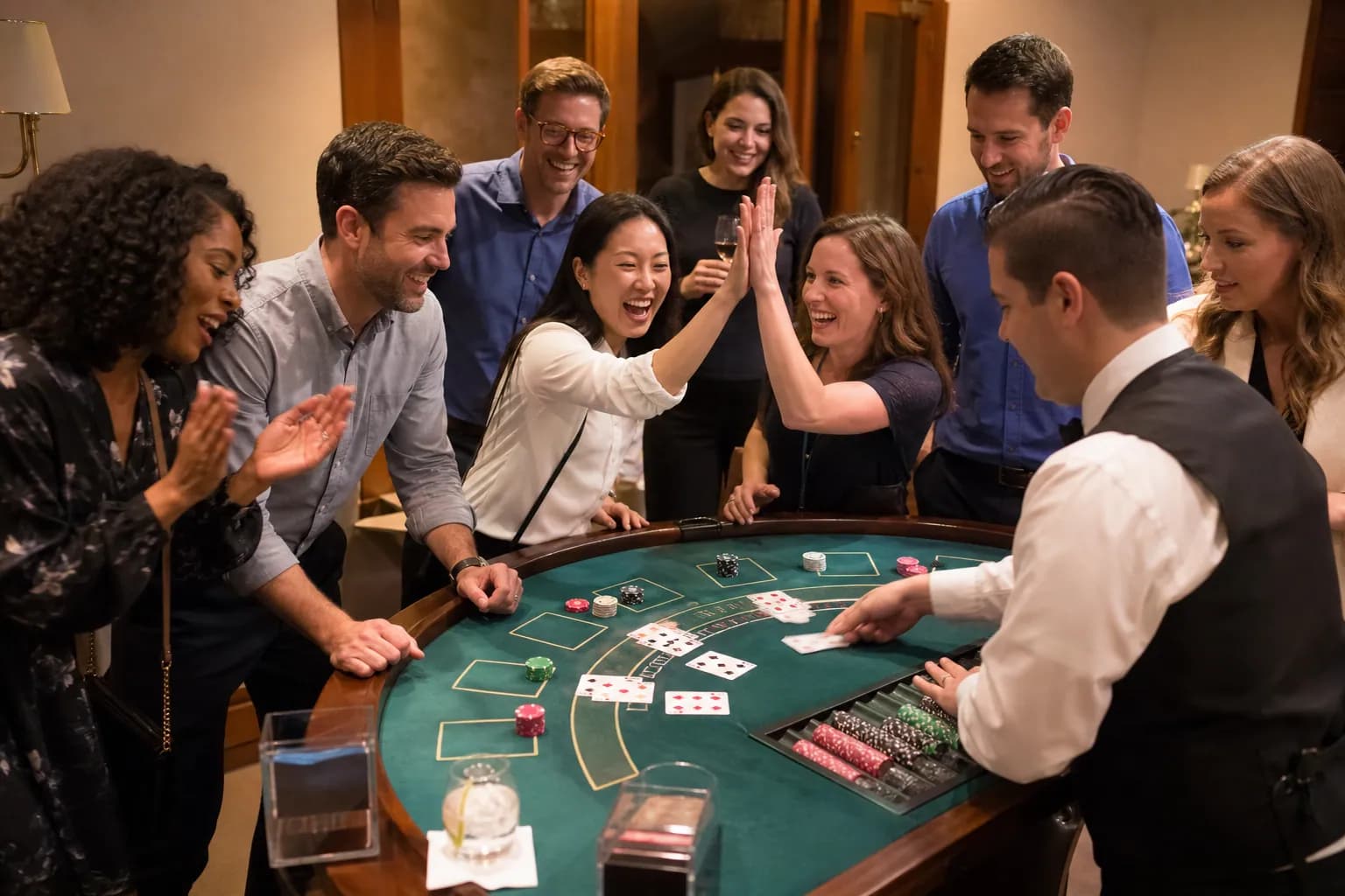 Ospiti intorno a un tavolo da gioco con croupier durante un evento Fun Casinò