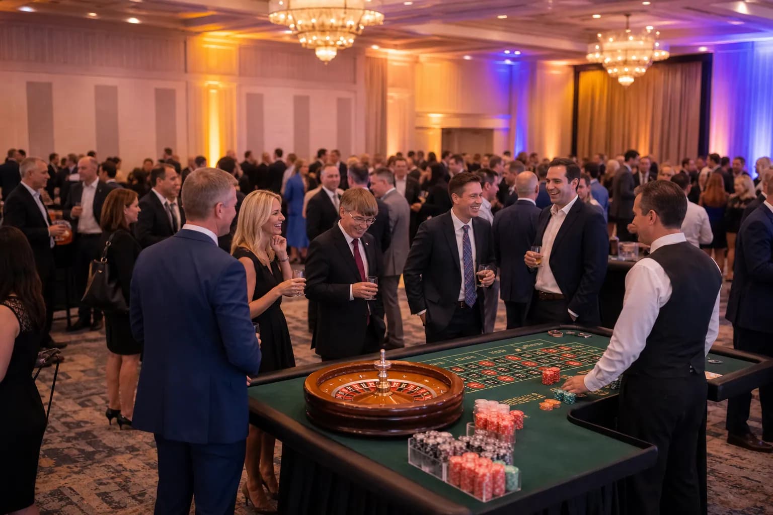 Ospiti in abito elegante e croupier a un tavolo da roulette durante un evento aziendale