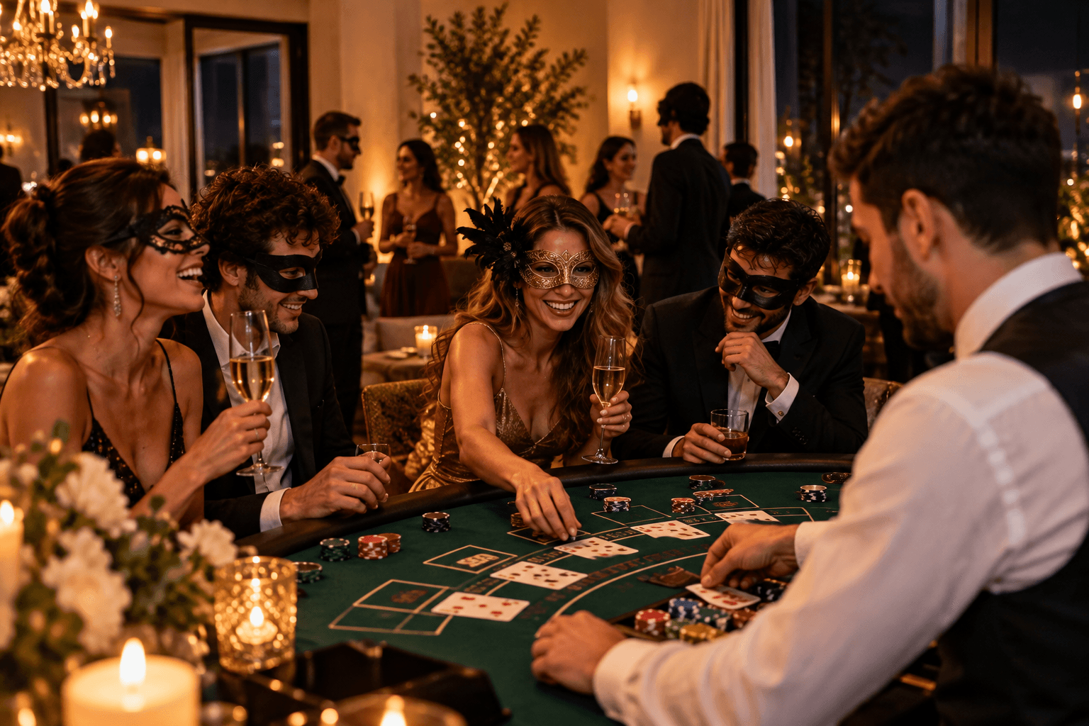 Ospiti in maschera intorno a un tavolo Fun Casinò durante una festa privata