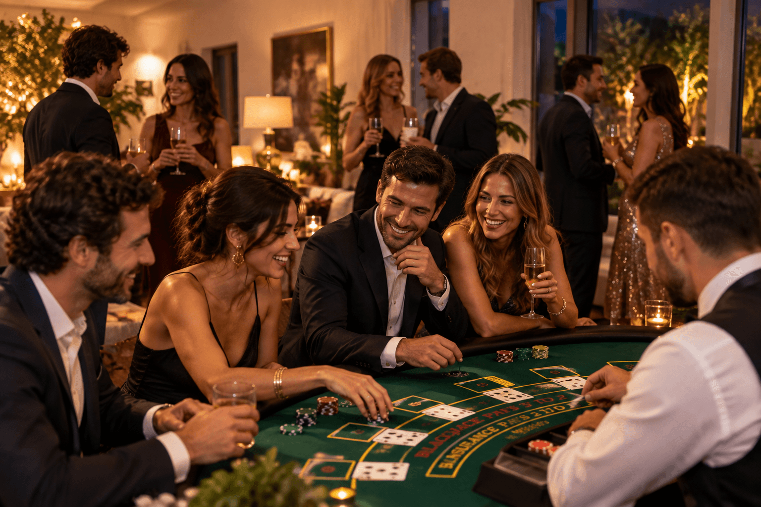 Ospiti e croupier intorno a un tavolo durante una festa privata Fun Casinò