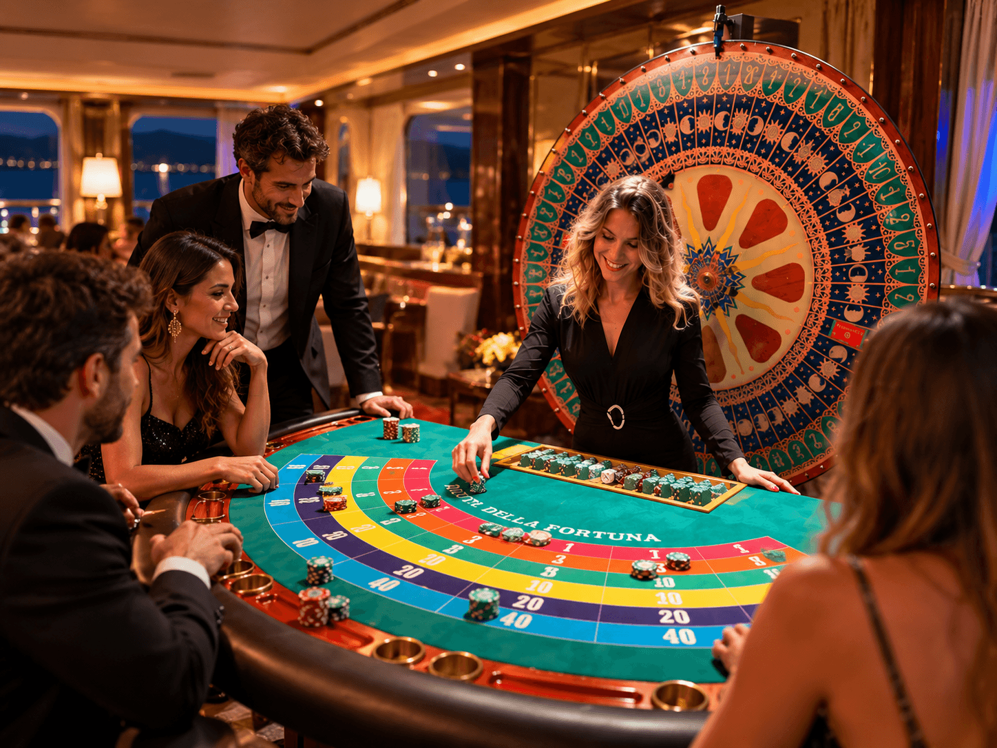 Ospiti e croupier intorno al tavolo della Ruota della Fortuna, con la grande ruota sullo sfondo